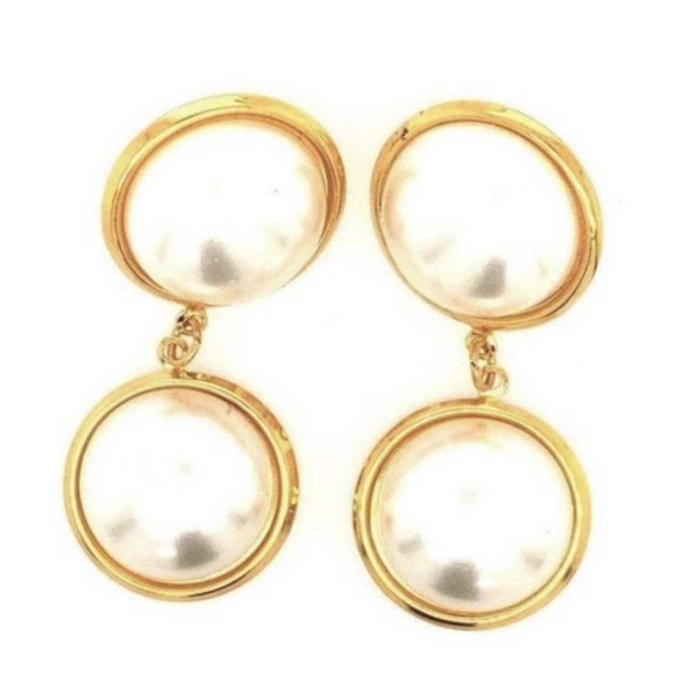 Vintage Faux‎ Pearl Goldtone Drop Earrings, 2”, Pierced Ears